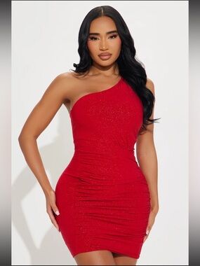 Fashion Nova One-Shoulder Red Ruched Bodycon Dress with Sparkle